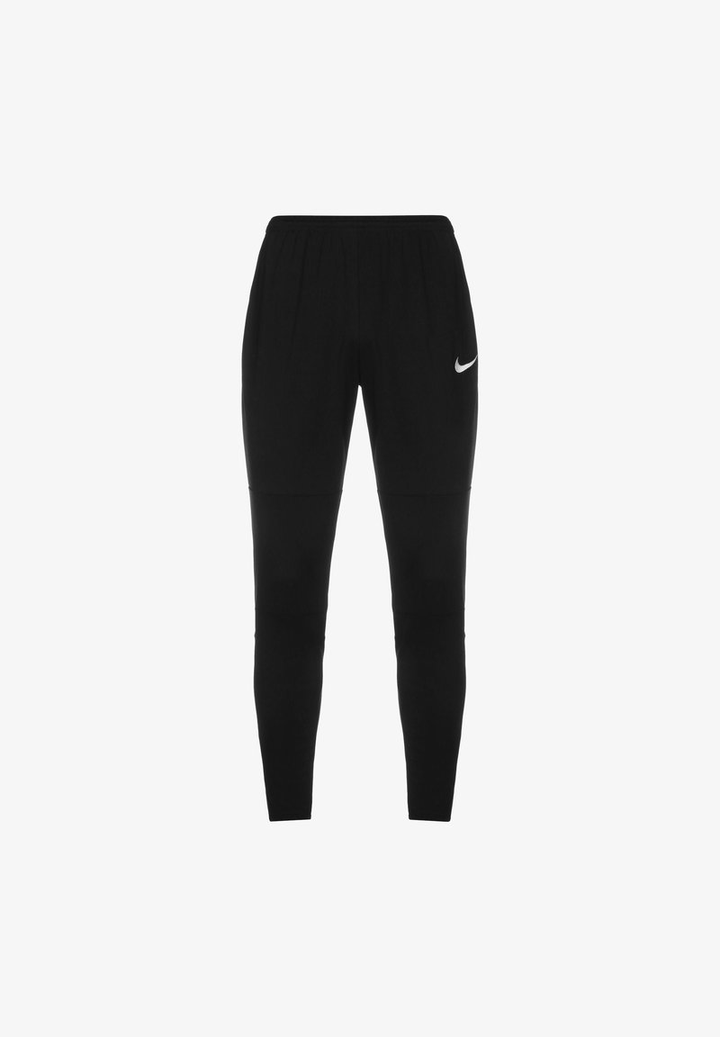 Zwarte sportbroek van gladde stof. Bevat een elastische tailleband en een klein wit Nike swoosh-logo op de linkerdij.
