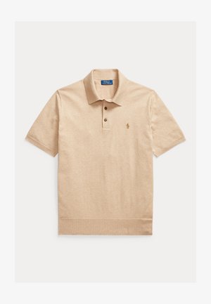 Beige short-sleeve polo shirt with two buttons, collar, and small embroidered logo on left chest.