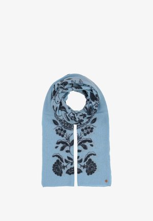 Világoskék sál puha anyagból, sötét virágmintával, lekerekített formával és apró logóval az egyik végén.