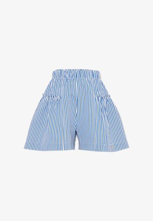Shorts rayés bleu et blanc avec une taille élastique, ornés de volants sur les poches avant et une ourlet droit.