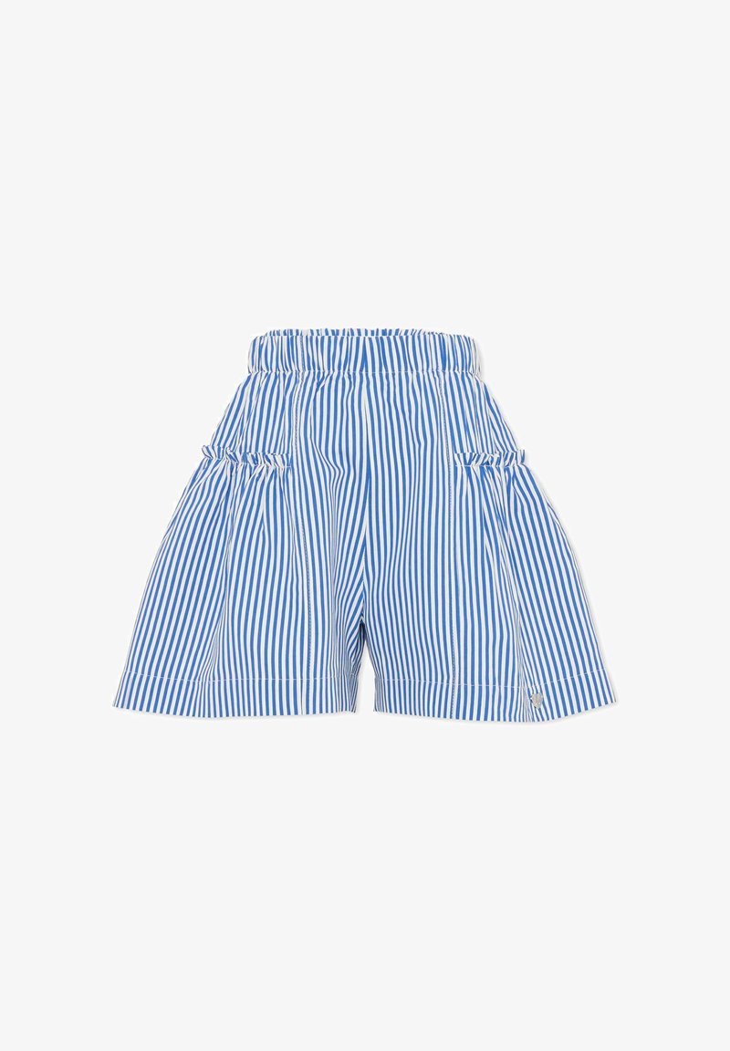 Niebiesko-białe szorty w paski z elastycznym pasem, ozdobione falbankami na przednich kieszeniach i prostym obrzeżem.