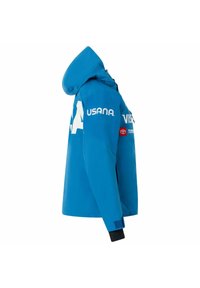 Felpa blu con zip frontale, ampio cappuccio e polsini neri. Presenta loghi e dettagli bianchi sulle maniche. Texture liscia, design sportivo.