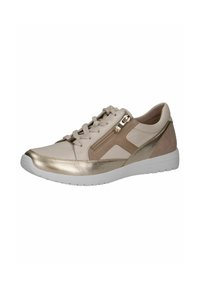 Sneaker sintetico beige con accenti metallici dorati, chiusura con lacci frontale, cerniera laterale e pannelli testurizzati. Suola in gomma bianca per una migliore aderenza.