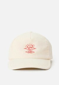 Cappellino da baseball in cotone beige con logo stilizzato rosa e grafica del sole sul davanti. Visiera dritta con dettagli di cucitura.