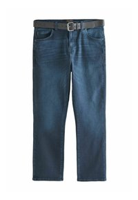 Tumed sinise teksapüksid otsekärpimisega, must nahkrihm metallpannal ja viis taskut, sealhulgas üks münasäilitustasku.