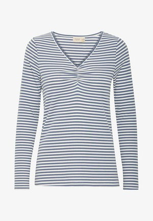 Garās piedurknes topiņš, kas izgatavots no mīkstas kokvilnas maisījuma, ar V veida kakla izgriezumu, ziliem un baltajiem horizontāliem svītrainiem, ar vieglu savilkumu krūtīs.