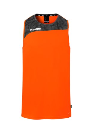 Ärmelloses, leuchtend oranges Sporttrikot mit schwarzem, strukturiertem Schulterbereich und weißem "Kempa"-Logo auf der Brust.