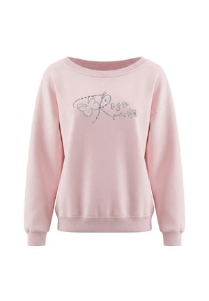 Lyserød langærmet sweatshirt med bred halsudskæring og en rhinsten-design af en sommerfugl og ordet "Rose" foran.