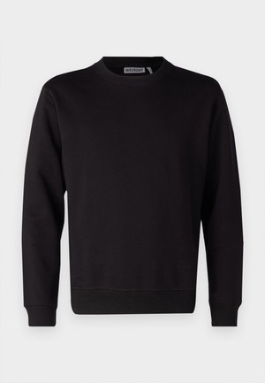 Sweatshirt preto feito de um suave misto de algodão, apresentando um pescoço redondo, mangas longas e punhos e bainha canelados. Sem padrões ou detalhes visíveis.