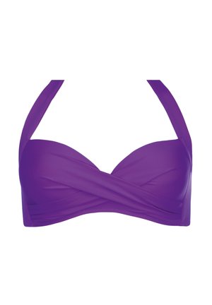 Fioletowy biustonosz bikini z halterneckiem, z charakterystycznym skręconym przodem i gładką fakturą. Regulowane ramiączka dla idealnego dopasowania.