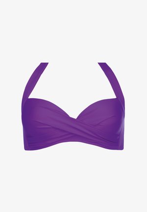 Fioletowy biustonosz bikini z halterneckiem, z charakterystycznym skręconym przodem i gładką fakturą. Regulowane ramiączka dla idealnego dopasowania.