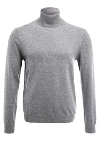 Maglione grigio a collo alto realizzato in un materiale morbido; presenta maniche lunghe, collo e polsini a coste e un design aderente.