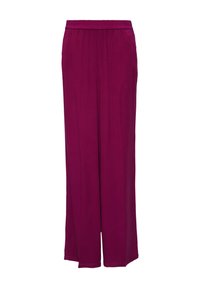 Paarse wijde broek van zachte stof met een elastische tailleband, voorzien van een gladde textuur en een lange lengte.