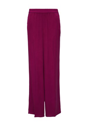 Pantalons larges violets en tissu doux avec une taille élastique, présentant une texture lisse et un design long jusqu'au sol.