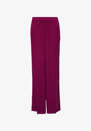 Paarse wijde broek van zachte stof met een elastische tailleband, voorzien van een gladde textuur en een lange lengte.