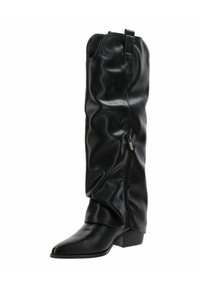 Botas negras hasta la rodilla, hechas de cuero suave, con un diseño holgado, punta afilada, tacón bajo y apilado, y cremallera lateral para el cierre.