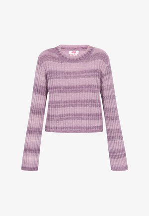 Pull rayé violet à côtes avec de longues manches, encolure arrondie et coupe ajustée. Le tissu a une texture douce et une variation de couleur subtile.