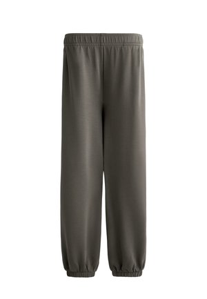 Dunkelolivgrüne Jogginghose aus weichem, leichtem Stoff. Verfügt über einen elastischen Bund und elastische Bündchen an den Knöcheln. Glatte Textur.