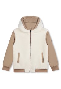 Veste doublée en polaire avec un devant moelleux blanc, des manches beige et une capuche. Elle dispose d'une fermeture éclair à l'avant et de poches latérales avec des poignets élastiques.