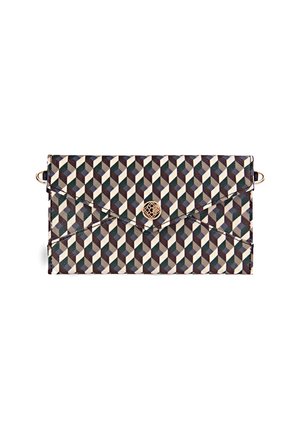 Folded wallet with a geometric pattern in shades of brown, beige, and teal, featuring a gold clasp and metal loops on the sides.