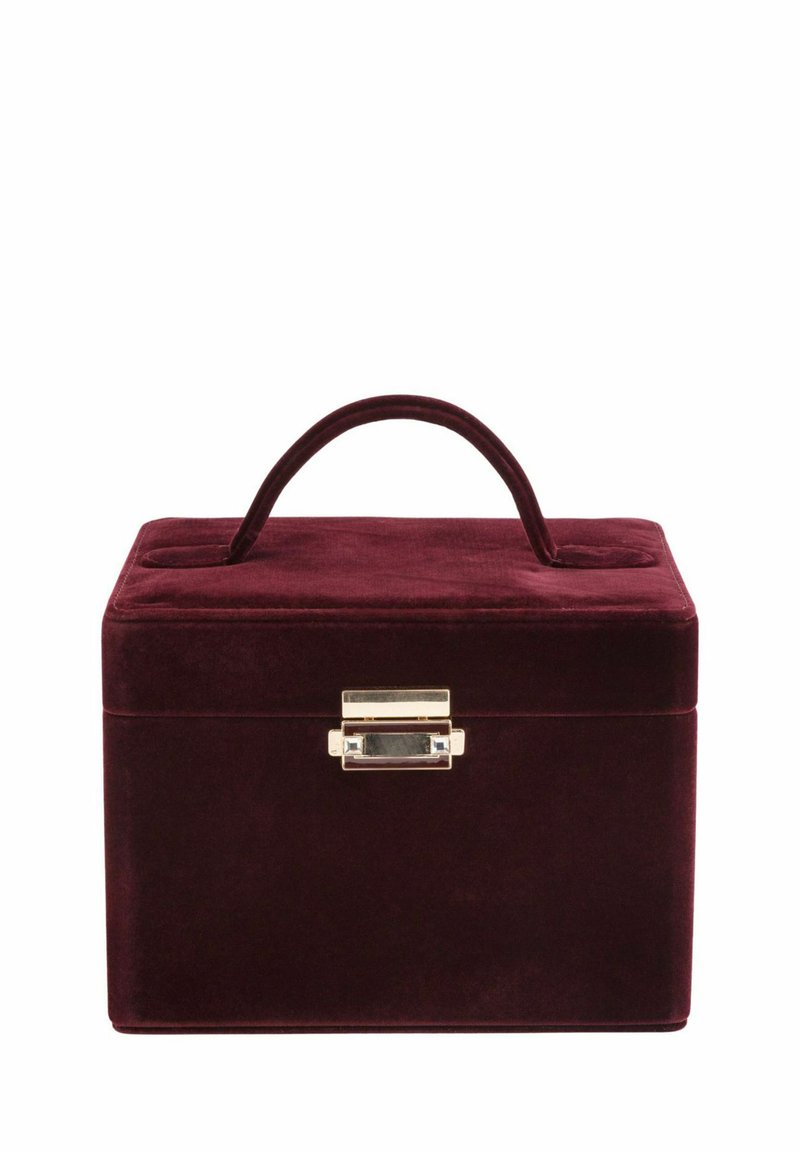 Bordeauxrotes Samt-Etui mit einem goldenen Verschluss, rechteckiger Form und einem Griff oben. Die Oberfläche hat eine weiche Textur und einen gepolsterten Deckel.