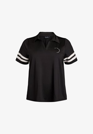 Black polo shirt with short sleeves, featuring white stripes on sleeves and a logo print on the chest. Made from breathable fabric.