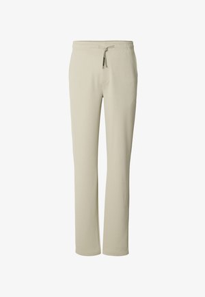 Light beige jogger pants made of soft cotton blend fabric. Features an elastic waistband with drawstring, straight legs, and side pockets.