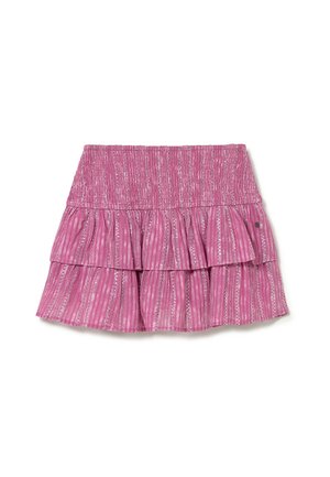 Mini-jupe en rose à volants, avec une taille froncée et un motif à rayures verticales agrémenté d'accents métalliques.