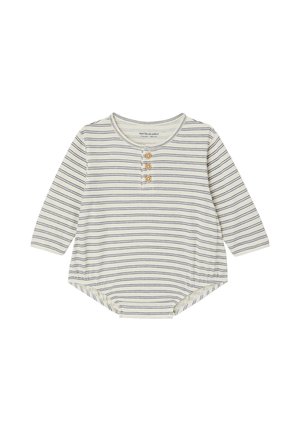 Long-sleeve beige baby bodysuit with thin navy horizontal stripes and three wooden buttons centered below round neckline.