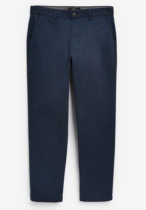 Navyblaue Chinohosen aus einem Baumwoll-Mix. Slim-Fit-Design mit Seitentaschen und Knopfverschluss. Glatte Textur ohne sichtbare Muster.