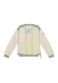 Veste zippée beige clair avec col, poignets et ourlet côtelés, ouverte pour montrer la doublure intérieure et l'étiquette de la marque à l'intérieur du col.