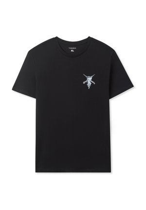 T-shirt in cotone nero con una piccola grafica di un angelo in azzurro chiaro sull'area sinistra del petto. Collo rotondo e maniche corte.