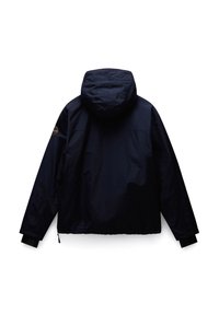 Dunkelblaue Kapuzenjacke mit langen Ärmeln, einem Aufnäher am linken Arm und elastischen Bündchen, von hinten auf weißem Hintergrund dargestellt.