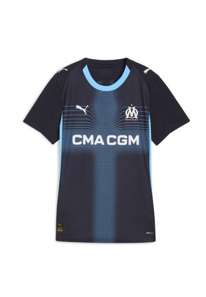 Tamno plavi nogometni dres s svijetloplavim naglascima, koji ima točkaste uzorke, Puma logo i tekst "CMA CGM" na prednjoj strani. Prozračna tkanina.
