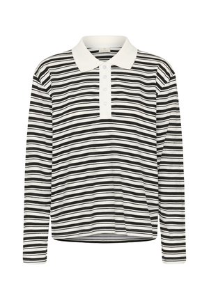 Félhosszú ujjú pólóing fekete és fehér vízszintes csíkokkal, fehér gallérral és három gombos záródással. Puha, texturált anyagból készült.