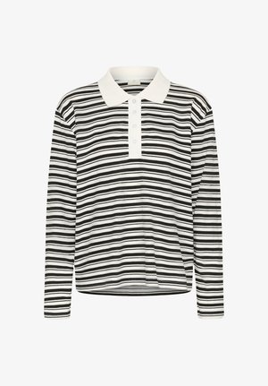Langarm-Polohemd mit schwarz-weißen horizontalen Streifen, einem weißen Kragen und einer Knopfleiste mit drei Knöpfen. Hergestellt aus weichem, strukturiertem Stoff.