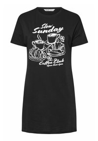 Czarna sukienka t-shirt z białą grafiką przedstawiającą dwie parujące filiżanki kawy, rogaliki, ziarna kawy oraz tekst "Slow Sunday Coffee Club Otwarte 8:00-14:00".