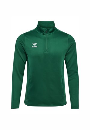 Grøn zip-up sportsjakke lavet af glat, letvægtigt stof. Har en høj krave og et lille logo på brystet. Langærmede med et tætsiddende design.