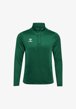 Groene sportjack met rits, gemaakt van een soepele, lichtgewicht stof. Heeft een hoge kraag en een klein logo op de borst. Lange mouwen met een getailleerd ontwerp.