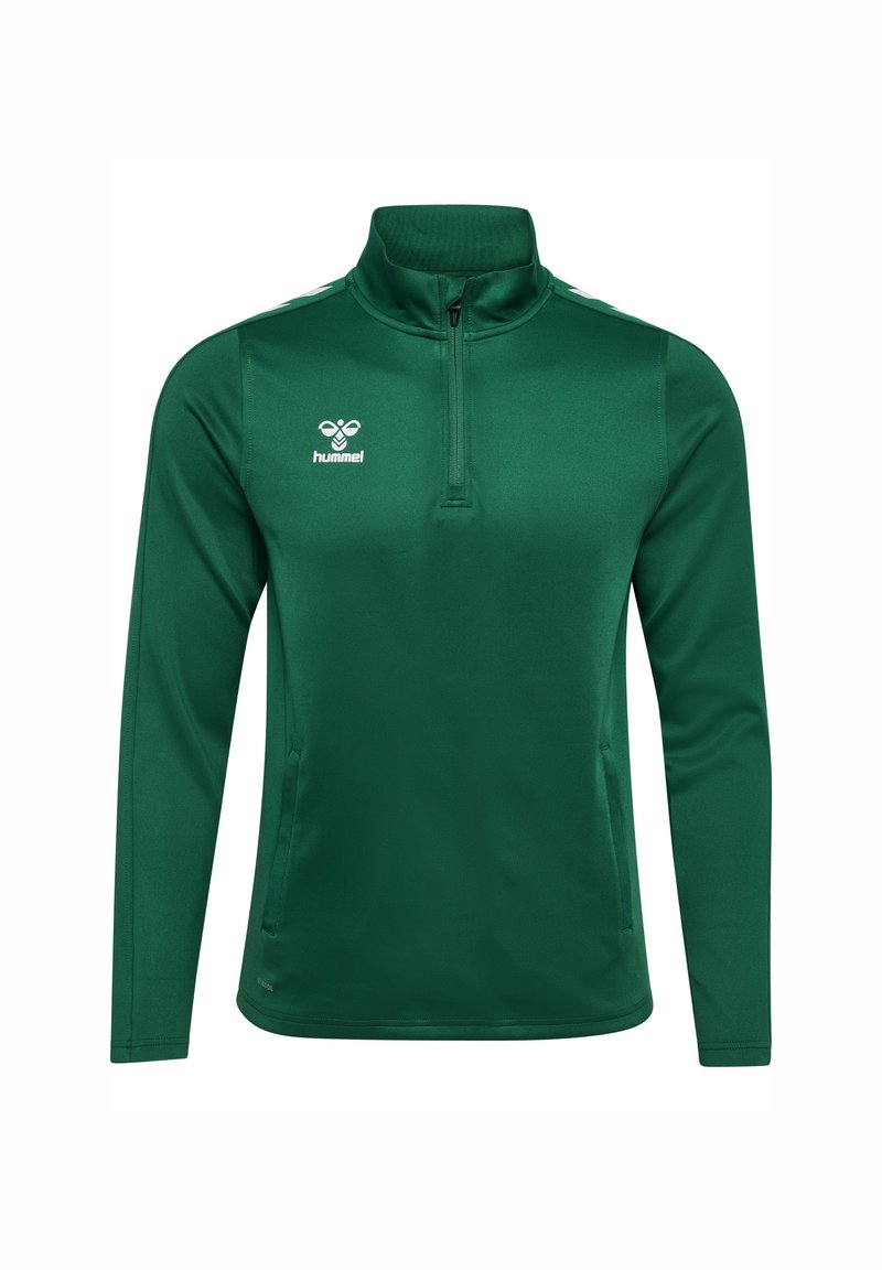 Groene sportjack met rits, gemaakt van een soepele, lichtgewicht stof. Heeft een hoge kraag en een klein logo op de borst. Lange mouwen met een getailleerd ontwerp.