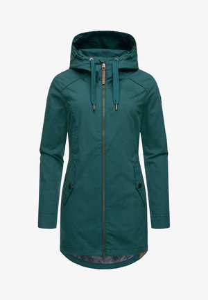 Teal jacket featuring a zip closure, two side pockets with buttons, and adjustable drawstring hood; smooth fabric with minimal texture.