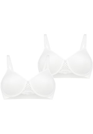 Biały komplet biustonosza z gładkimi miseczkami, regulowanymi ramiączkami i teksturowanym akcentem na środku. Wykonany z miękkiego materiału o bezszwowym designie.