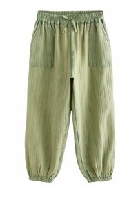 Light green striped pants with an elastic waist, drawstring, and two large front pockets. The fabric has a soft, textured finish.