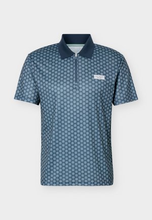 Herre navyblå polo med lynlås foran, honningkage-mønster, korte ærmer og lille Ted Baker Sport-logo på brystet.