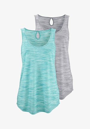 Zwei Tanktops: eines in hellem Petrol mit geripptem Textur und eines in Grau mit einem subtilen Streifenmuster. Beide haben einen Schlüsselloch-Ausschnitt.