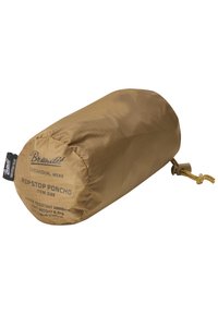Ripstop poncho i tan. Vandafvisende materiale med gittermønster. Kompakt cylindrisk form med snoretræk og mærke.