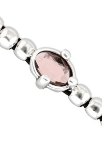 Pulsera de plata con una piedra ovalada rosa central, intercalada con cuentas plateadas brillantes, ensartada en un cordón negro.