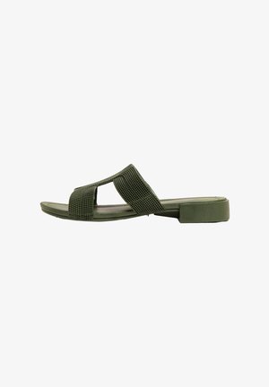 Green slide sandal with a textured upper strap, flat sole, and a subtle block heel. Material appears synthetic with a smooth finish.