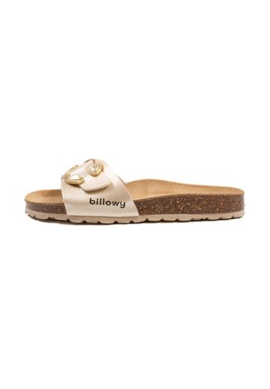 Sandale à glissière beige avec une lanière en cuir lisse comportant deux accents dorés, semelle en liège et semelle en caoutchouc texturé pour une meilleure adhérence.