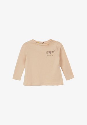 Lange mouwen, licht perzikkleurig shirt van katoen, met een scalloped zoom, ronde halslijn en een "Love" grafiek met hartontwerpen.